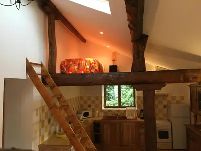 a kitchen with a wooden ladder in a room at La maison au bout de l'allée in Carbes