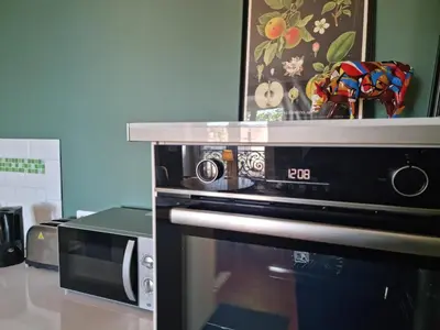 a kitchen with a stove and a microwave at Le charme à la française - Appartement 4 pers in La Redorte