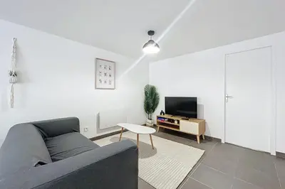 a living room with a couch and a tv at Bright T3 for 4 people in Cuxac-dʼAude