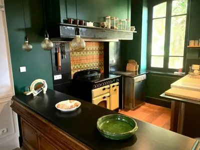 a kitchen with green walls and a black counter top at 19Th Century Mansion With Pool Near Castres in Payrin-Augmontel