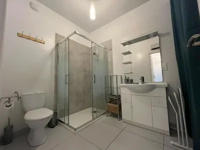 a bathroom with a shower and a toilet and a sink at L'abeille in Durban-Corbières