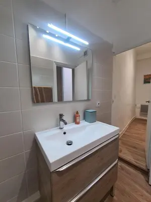 a bathroom with a sink and a mirror at Douces Vagues - hypercentre climatisé in Narbonne