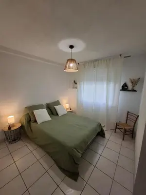 a bedroom with a green bed with two pillows at Joli Appt La Pérouse, 2 Chbres, Centre ville, Jardin in Castres