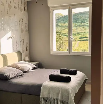 two beds in a bedroom with a window at Villa Monze in Carcassonne