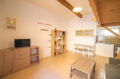 a living room with a television and a table at Studio Cosy, proche du port, tout se fait à pied in Port-la-Nouvelle