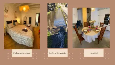 a collage of four pictures of a room with a bed and a table at Gîte le Calsou 4 étoiles 3ch MontagneNoire Chât Cathare Carcassonne jardin rivière in Caudebronde
