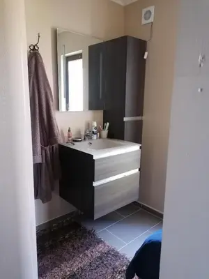 a bathroom with a sink and a mirror at Maison contemporaine en bois au coeur des Corbières in Ferrals-lès-Corbières