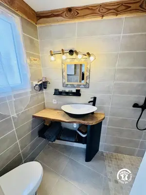 a bathroom with a sink and a mirror and a toilet at La cazabanelle in Villegly