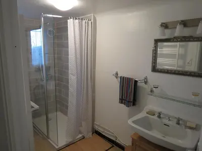 a bathroom with a shower and a sink at BELESTAGITE7 Pays Catalan 66 in Bélesta