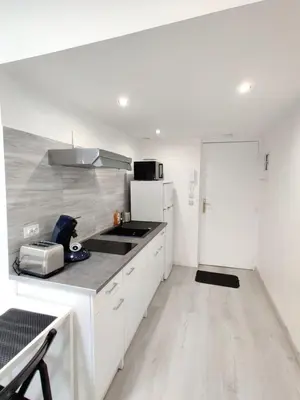 a kitchen with white cabinets and a white refrigerator at L'Atelier des Carmes in Pamiers