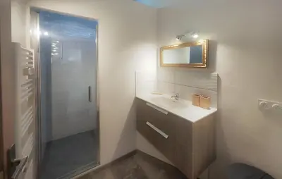 a bathroom with a shower and a sink and a mirror at 3 Bedroom Stunning Home In Vieussan in Vieussan