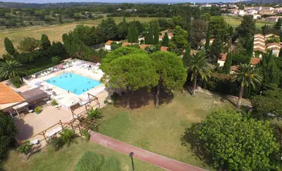 an aerial view of a large yard with a swimming pool at VVF Sigean Port-la-Nouvelle Corbières in Sigean