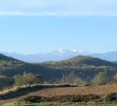 a view of a field with mountains in the background at La roulotte de Plajoulet in Mirepoix