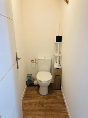 a bathroom with a white toilet in a room at Gite centre village Burlats in Burlats