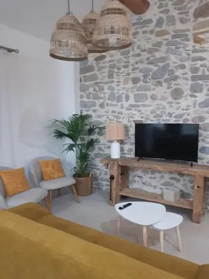 a living room with a tv and a stone wall at Maison Stellas in Fontiès-dʼAude
