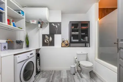 a bathroom with a toilet and a washer and dryer at Le Rive Gauche - Au cœur du centre historique in Narbonne