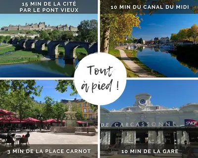 a collage of photos with a river and a bridge at Cocon Carcassonnais - Free parking - Wifi - Climatisation - Tout équipée in Carcassonne