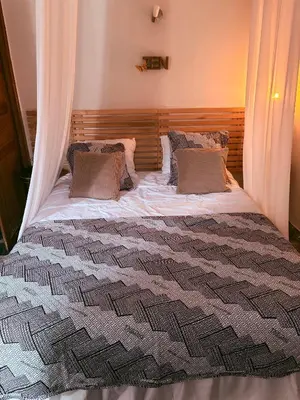 a bedroom with a large bed with curtains around it at CHAMBRE D'HOTE Ô MAZETTE visite de l'Aude in Fabrezan