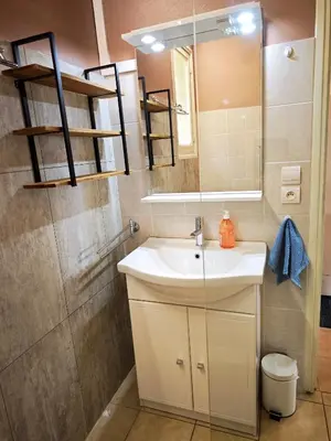a bathroom with a shower and a sink at Terrasse, vue & Parking - Carnaval à pied in Limoux