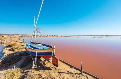 a boat sitting on the shore of a body of water at Lo Nidou Gruissan in Gruissan
