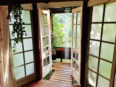 an open door to a room with a plant at Le Vertige du Tigre in Courniou