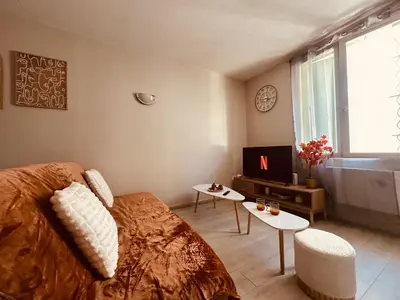 a living room with a bed and a tv at Studio de 30 m2 centre-ville NARBONNE in Narbonne
