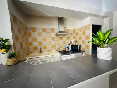 a kitchen with a counter top with a microwave at Studio de 30 m2 centre-ville NARBONNE in Narbonne