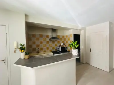 a kitchen with a counter top with a microwave at Studio de 30 m2 centre-ville NARBONNE in Narbonne