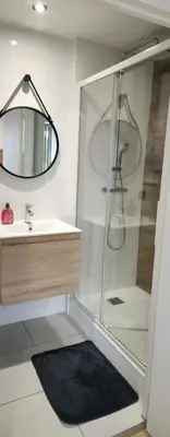 a bathroom with a shower and a sink and a mirror at Le maillot VII in Castres