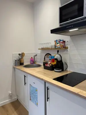 a kitchen with a sink and a counter top at La perle limouxine -Studio in Limoux