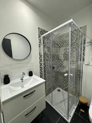 a bathroom with a shower and a sink and a mirror at La perle limouxine -Studio in Limoux