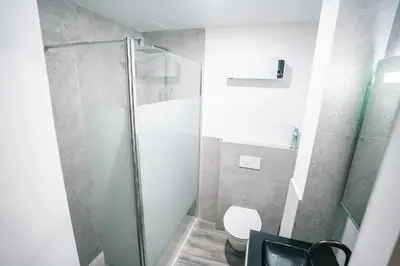 a bathroom with a shower and a toilet at Face à la cité, Terrasse Et Climatisation - AE in Carcassonne