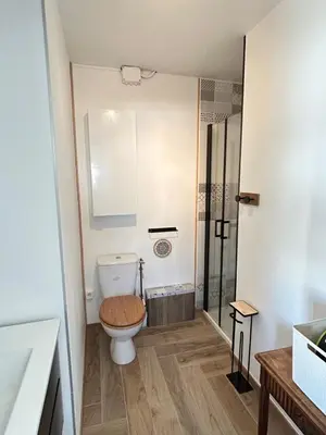 a bathroom with a toilet and a shower at Rubis in Lapalme