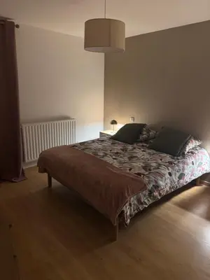a bedroom with a bed in a room with a lamp at La parenthèse in Pamiers