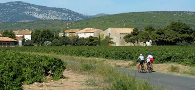 two people riding bikes down a road next to a field at Entre Mer et Vigne Caves in Caves