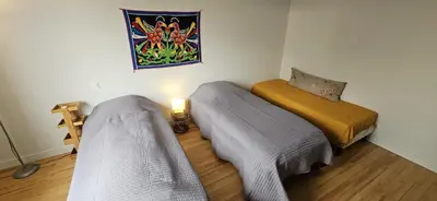 a bedroom with two beds and a light on the floor at La surprise des jumelles in Castres