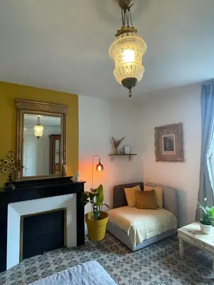 a bedroom with a bed and a fireplace and a mirror at Les volets verts in Saint-Laurent-de-la-Cabrerisse