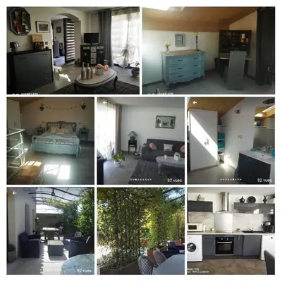 a collage of photos of a living room and a kitchen at Casa Alegria in Portel-des-Corbières