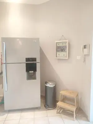 a white refrigerator in a kitchen with a wooden stool at Appartement exceptionnel Bastide St Louis in Carcassonne