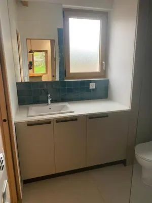 a bathroom with a sink and a mirror at Gîte lumineux avec jardin, vue sur Peyrepertuse in Rouffiac-des-Corbières