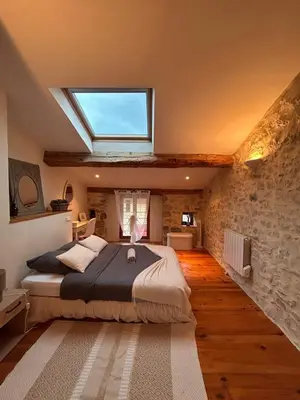 a bedroom with a large bed with a skylight at Maison de charme à Bélesta in Bélesta