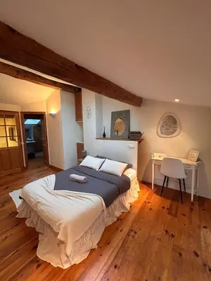 a bedroom with a large bed and a desk at Maison de charme à Bélesta in Bélesta