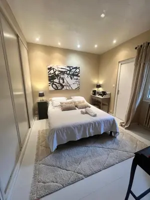 a bedroom with a large white bed with a rug at Aux 138 in Carcassonne