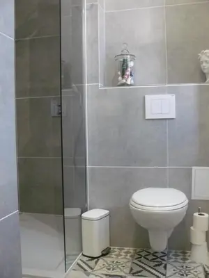 a bathroom with a toilet and a glass shower at Villa Boulmia in Burlats