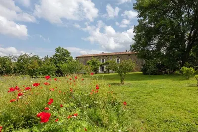 a field of red flowers in front of a building at Perets petit in Montégut-Lauragais