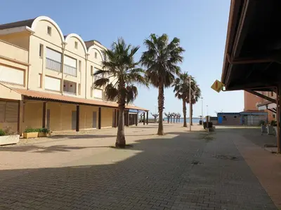 a street with palm trees in front of a building at Plage du grazel le thalassa in Gruissan