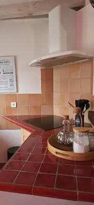 a kitchen with a counter top with a stove at Gîte Domaine de la Fée de l'Eau – L'Eau d'Ô in Saint-Félix-Lauragais