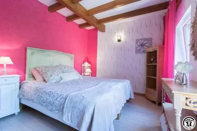 a bedroom with pink walls and a large bed at Domaine de la fee de l'eau - les fees de l'o in Saint-Félix-Lauragais