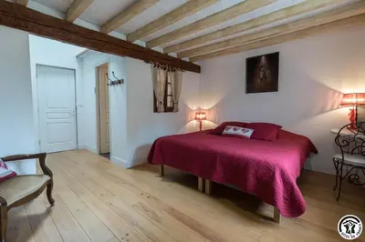 a bedroom with a bed with a purple bedspread at Domaine de la fee de l'eau - les fees de l'o in Saint-Félix-Lauragais