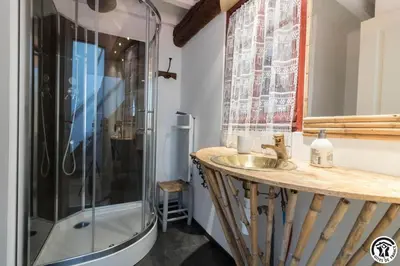 a bathroom with a sink and a shower at Domaine de la fee de l'eau - les fees de l'o in Saint-Félix-Lauragais